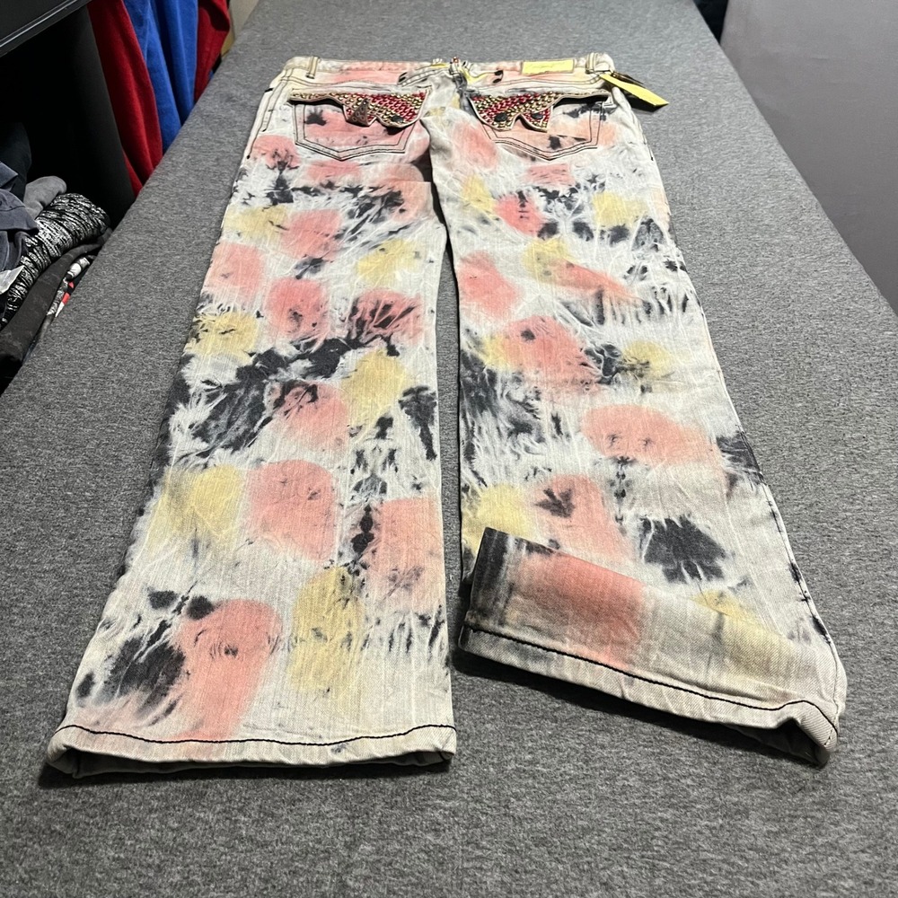 Robins Jean R11 Studded Tie Dye Straight Leg Jeans Mens 38x34 NWT Multi Color